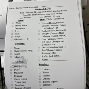 Sandwich menu