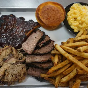 3 Meat Entree - All meat smoked IN-HOUSE.  House made Mac and Cheese, corn muffin and fries cut fresh, in-house.  Nothing frozen ~