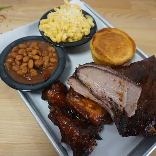 House smoked brisket, ribs and JUMBO wings! Mac, Brisket Beans and Corn Muffin - ALL made from SCRATCH