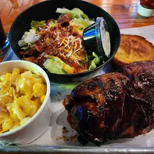 1/2 chicken, mac and cheese, side salad, and cornbread