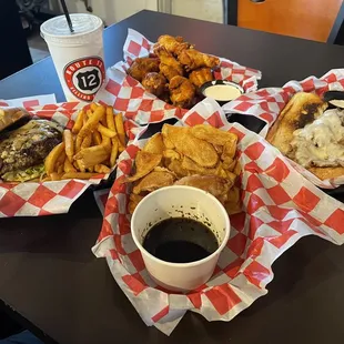 Black &amp; blue burger, sriracha wings, and prime rib dip