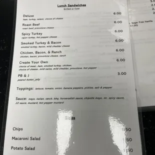 menu and prices