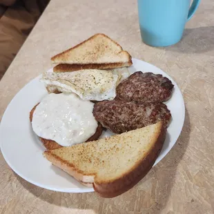 The routine- 2 eggs, hashbrown with sausage gravy, 2 sausage patties and toast.
