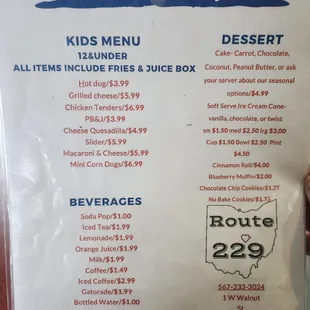 Kids menu , beverages, dessert menu