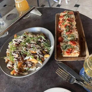 Focaccia pizza and asada fries