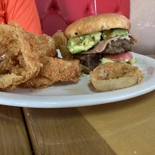 Mexican burger with onion rings