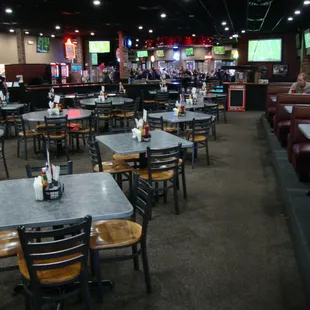Large dining room and bar, view looking west.