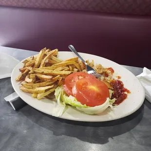 Grilled chicken &amp; fries "chicken sandwich without the bread" due to my child is allergic to bread this was so yummy for her yay!