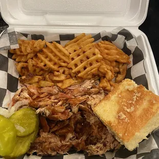 Two meat sampler with pulled pork and pulled chicken-very delicious