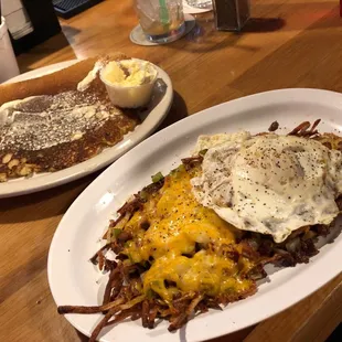 Loaded Hash-browns w/Side Pancake