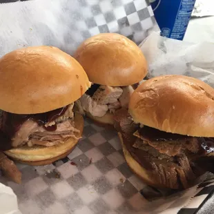 Pork, chicken, and brisket sliders