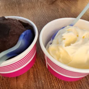Blackberry sorbet &amp; vanilla ice cream, about half gone. Original scoop size was generous.
