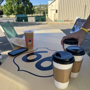 Outdoor seating and yummy coffees for the road.