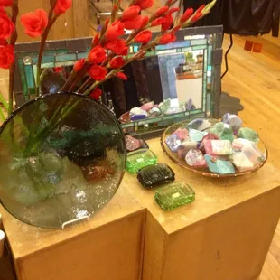 Hand blown glass dish and soap dishes. And soap made to look like semi precious stone