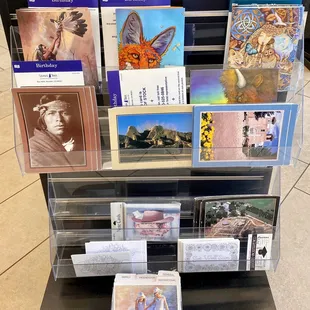 a display of postcards
