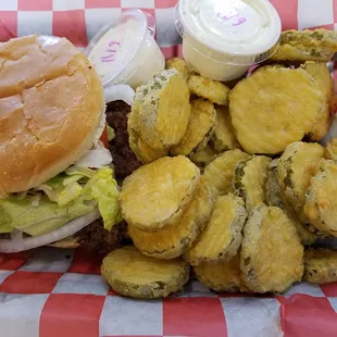 single burger with fried pickles and ranch