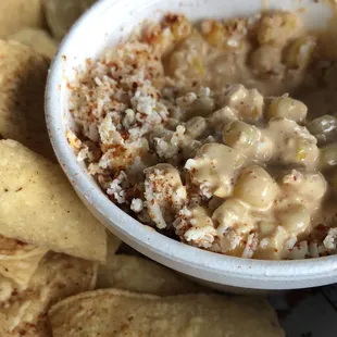 Street corn appetizer with homemade chips. Yummy!