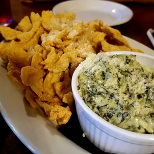 Fried bowtie &amp; Spinach dip.