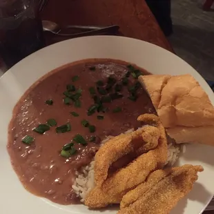 Red beans and rice and fried catfish.