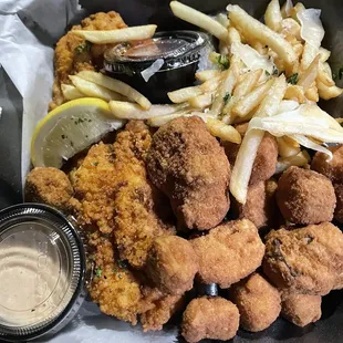 Fried Catfish with fries and okra (takeout)