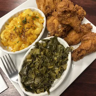 Chipotle honey chicken, side of gouda mac &amp; cheese with collard greens