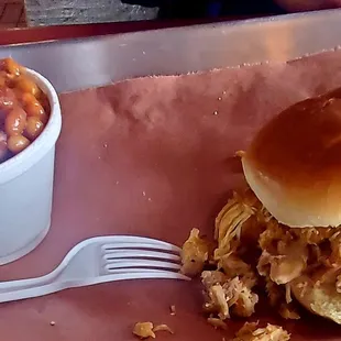 Pulled chicken, side of beans