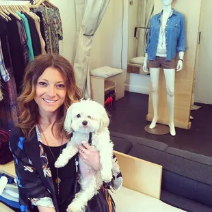 Rowe Boutique owner, Maren and shop dog, Rocky.