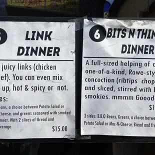 a menu for a dinner