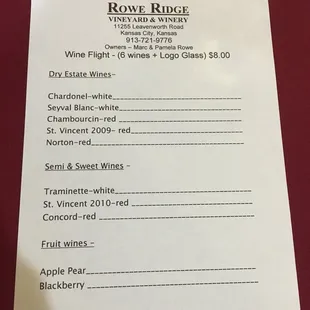 Wine Tasting List- pick 6