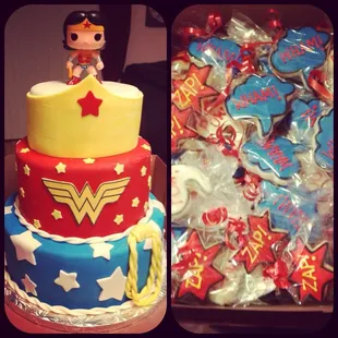 Wonder Woman cake with matching sugar cookies
