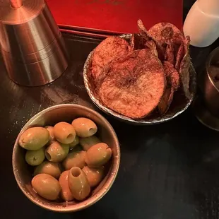 Almonds, olives and potato chips