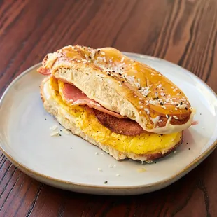 Pork Roll Egg and Cheese on an Everything Pretzel