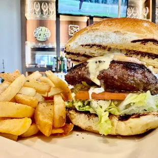 a hamburger and french fries