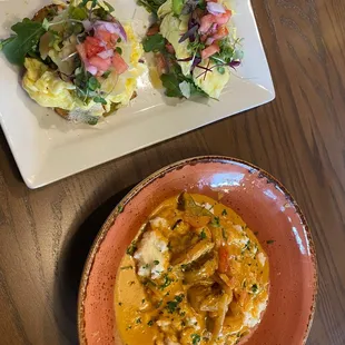 Avocado toast and charleston shrimp and grits
