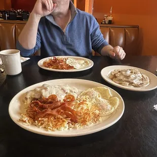 Biscuit and gravy, crispy hashbrowns, easy eggs and bacon!