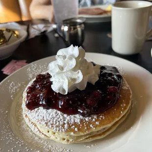 Blueberry Pancakes with Chicken Fried Chicken, two eggs &amp; Hash-browns