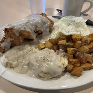 Chicken fried chicken, 2 eggs, biscuits &amp; gravy and home fries!!