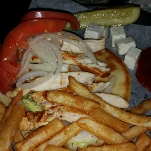 Chicken Gyro with feta &amp; fries.