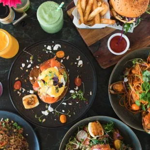 a variety of dishes of food