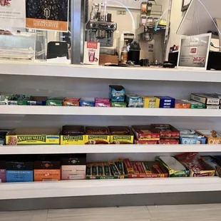 shelves of coffee, tea, and candy