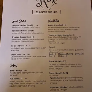 Dinner menu