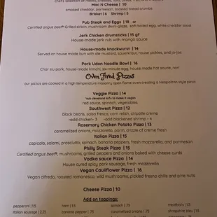 Dinner menu