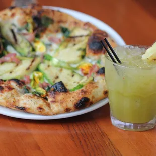 a pizza and a drink