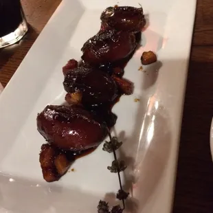 Roasted dates with bacon lardons and port wine reduction