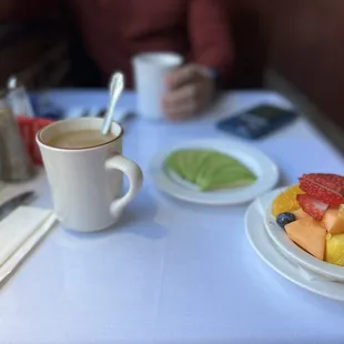 a plate of fruit and a cup of coffee