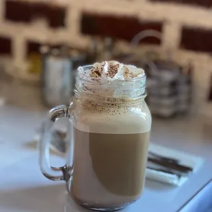 Mocha with whipped cream was very good and stayed hot in this drinking jar.