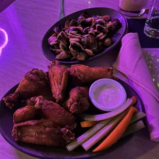 Salt and Pepper Wings, Charred Brussel Sprouts