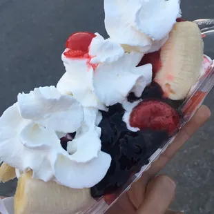 Banana split with hot fudge strawberry, and black raspberry toppings. Really yummie!!!!!!!
