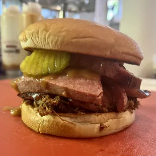 Famous Beltbuster! Brisket, Bologna, Hot Link sandwich