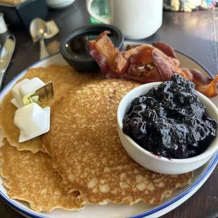 My pancakes w bacon and blueberry compote. Yum.